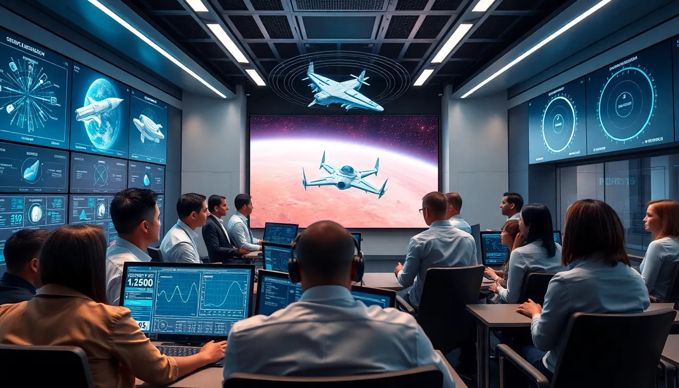 Engineers discussing space travel speeds in a modern control room.