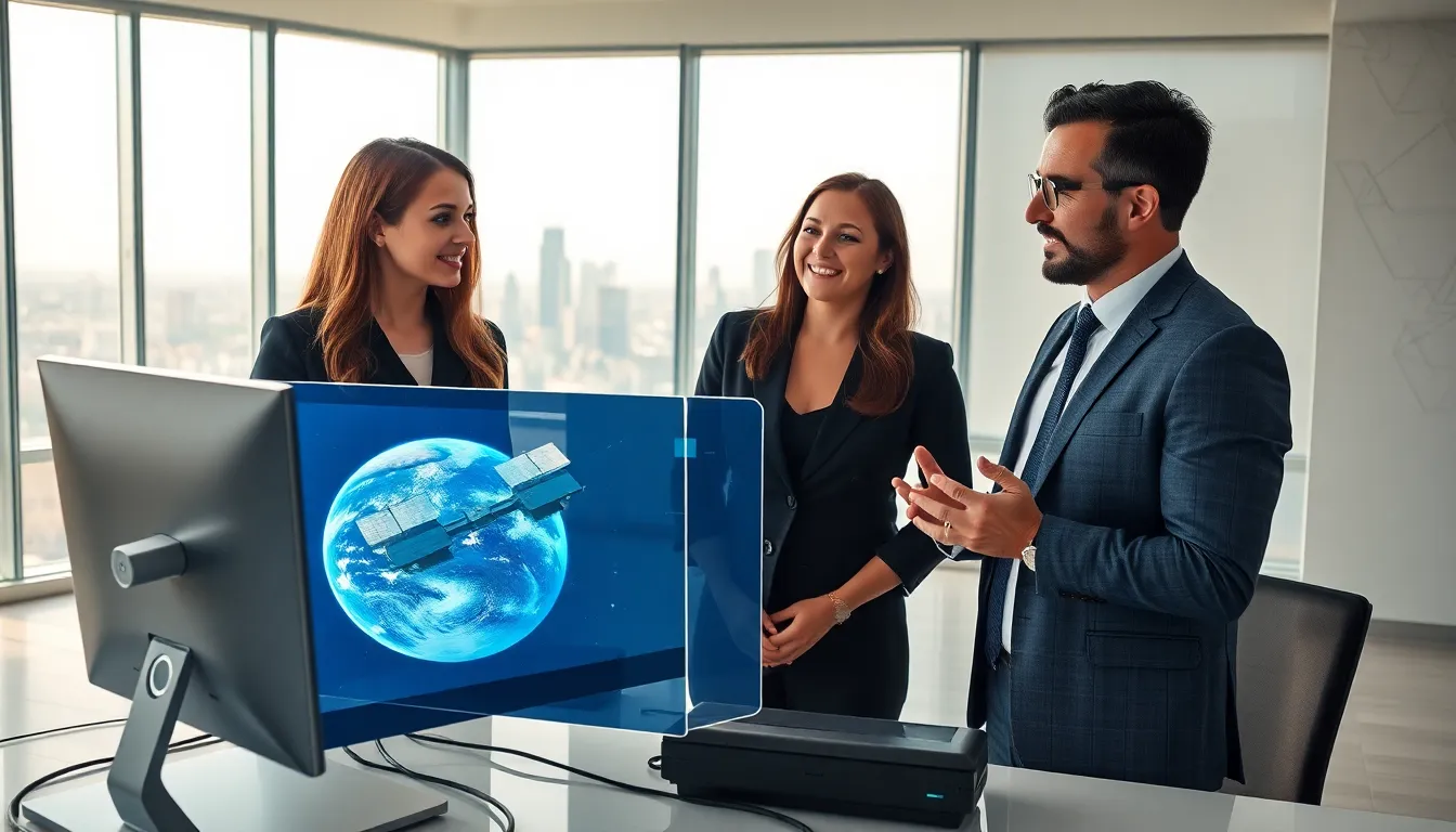 professionals discussing space age technology in a modern workspace.