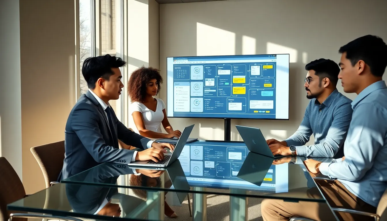diverse team discussing customized web application development in a modern office.