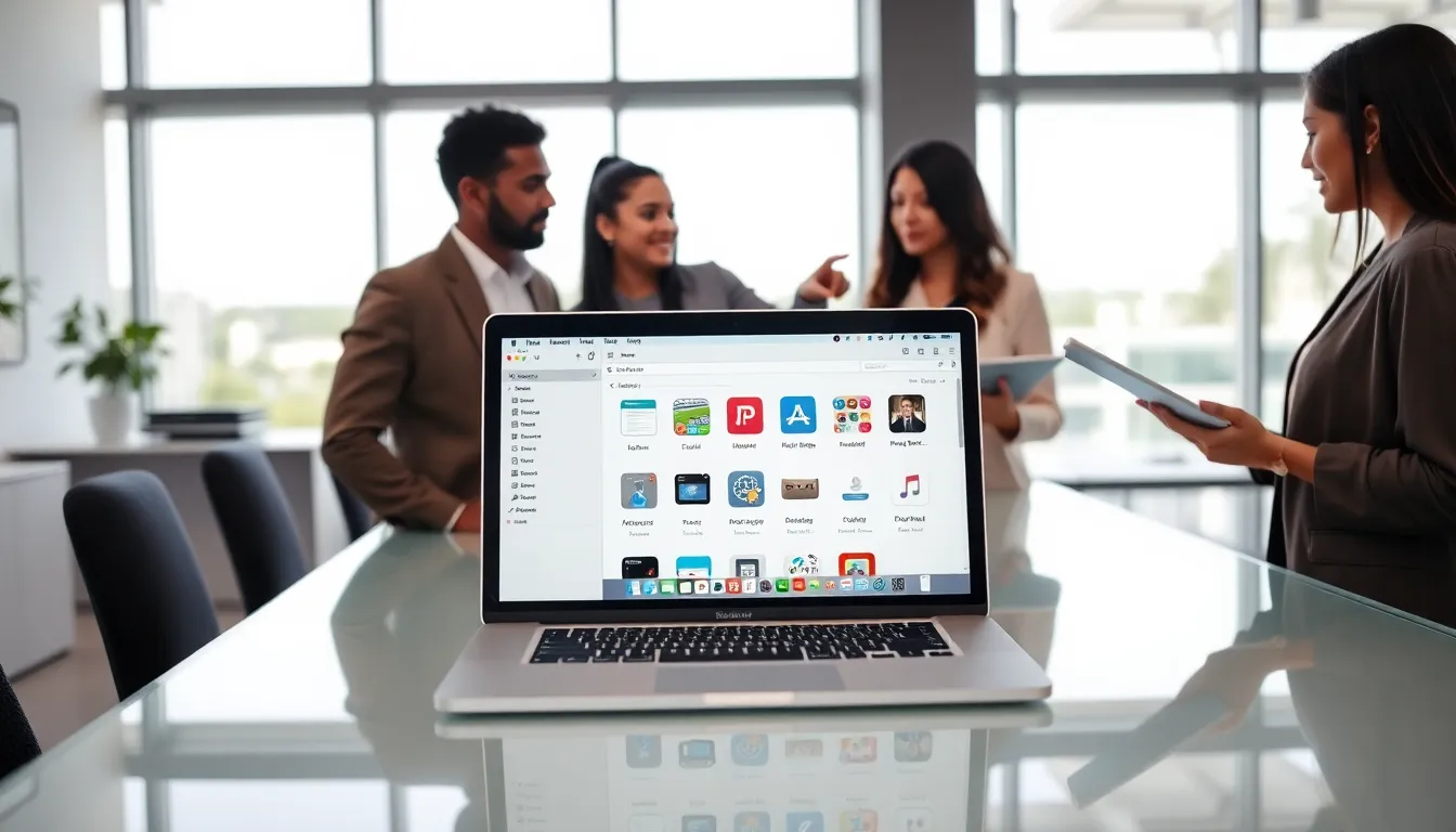 team discussing app removal on a MacBook in a modern office.
