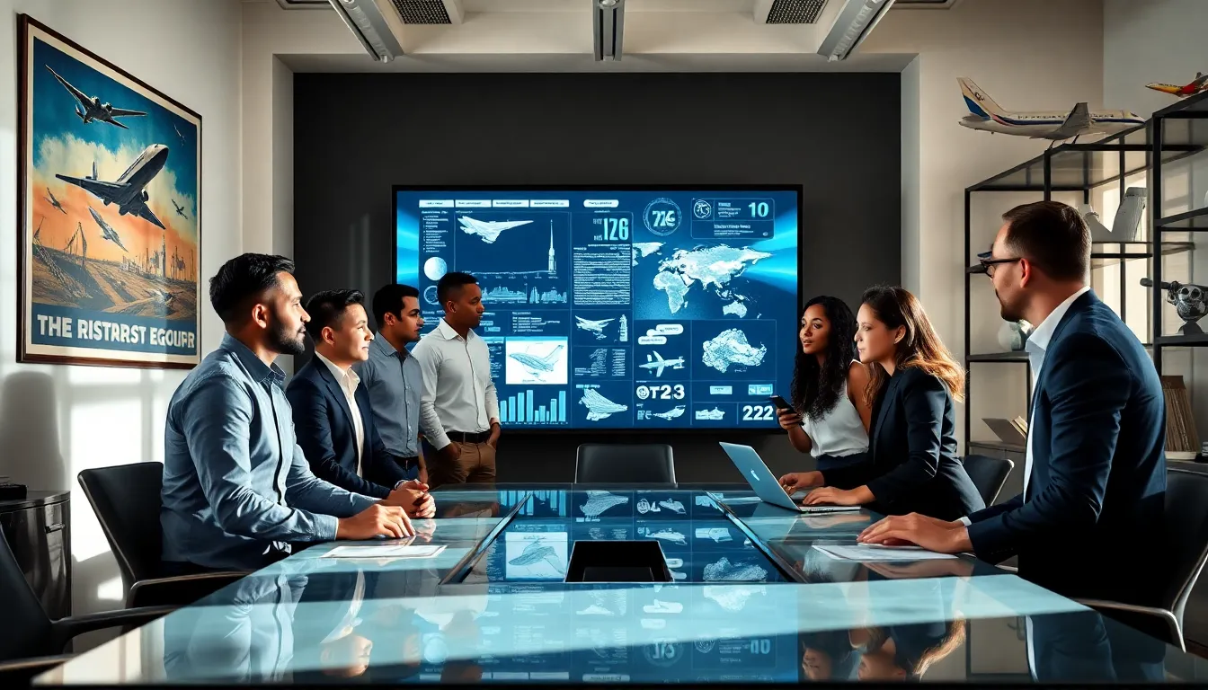 diverse professionals discussing aviation technology in a modern office.