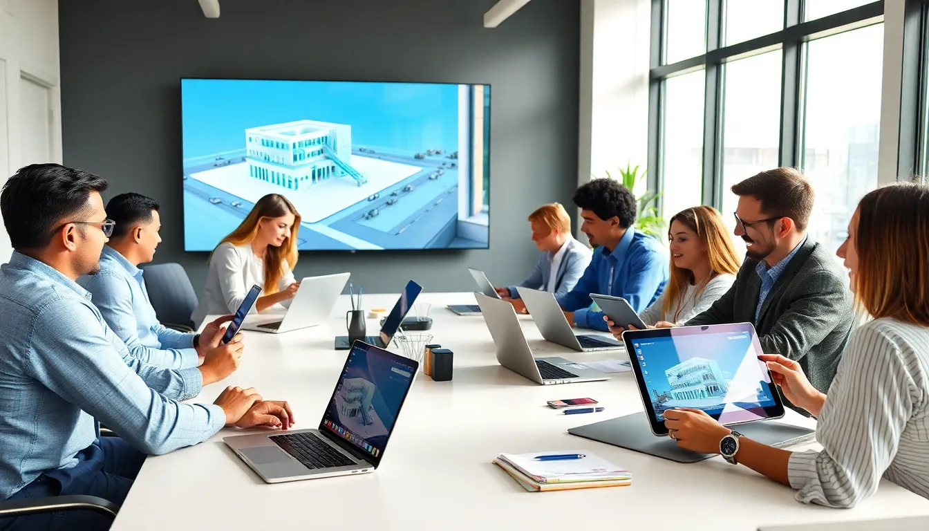 diverse architects collaborating with architecture apps in a modern office.