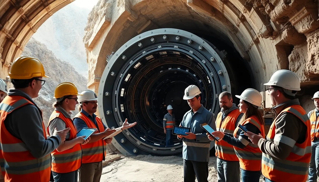 engineers working with a Tunnel Boring Machine at a construction site.