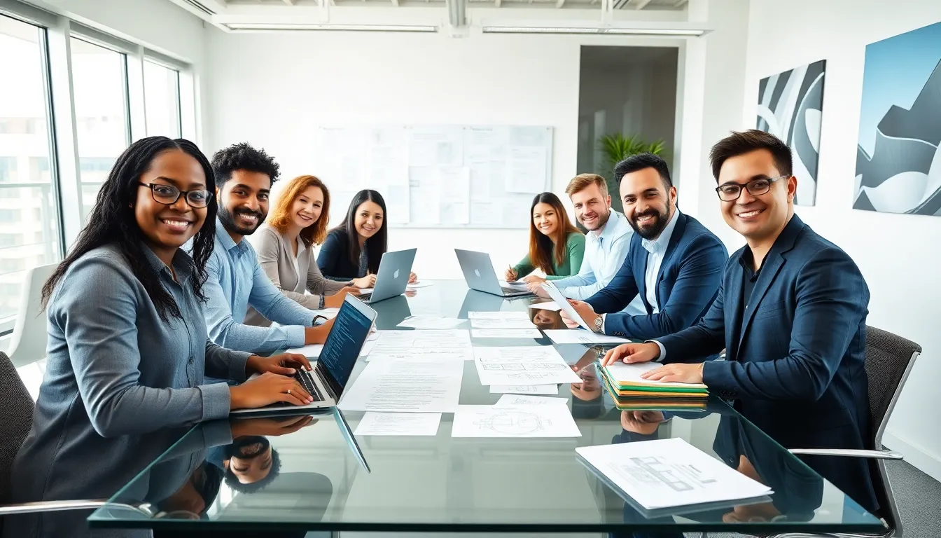 diverse team collaborating on custom web application development in a modern office.