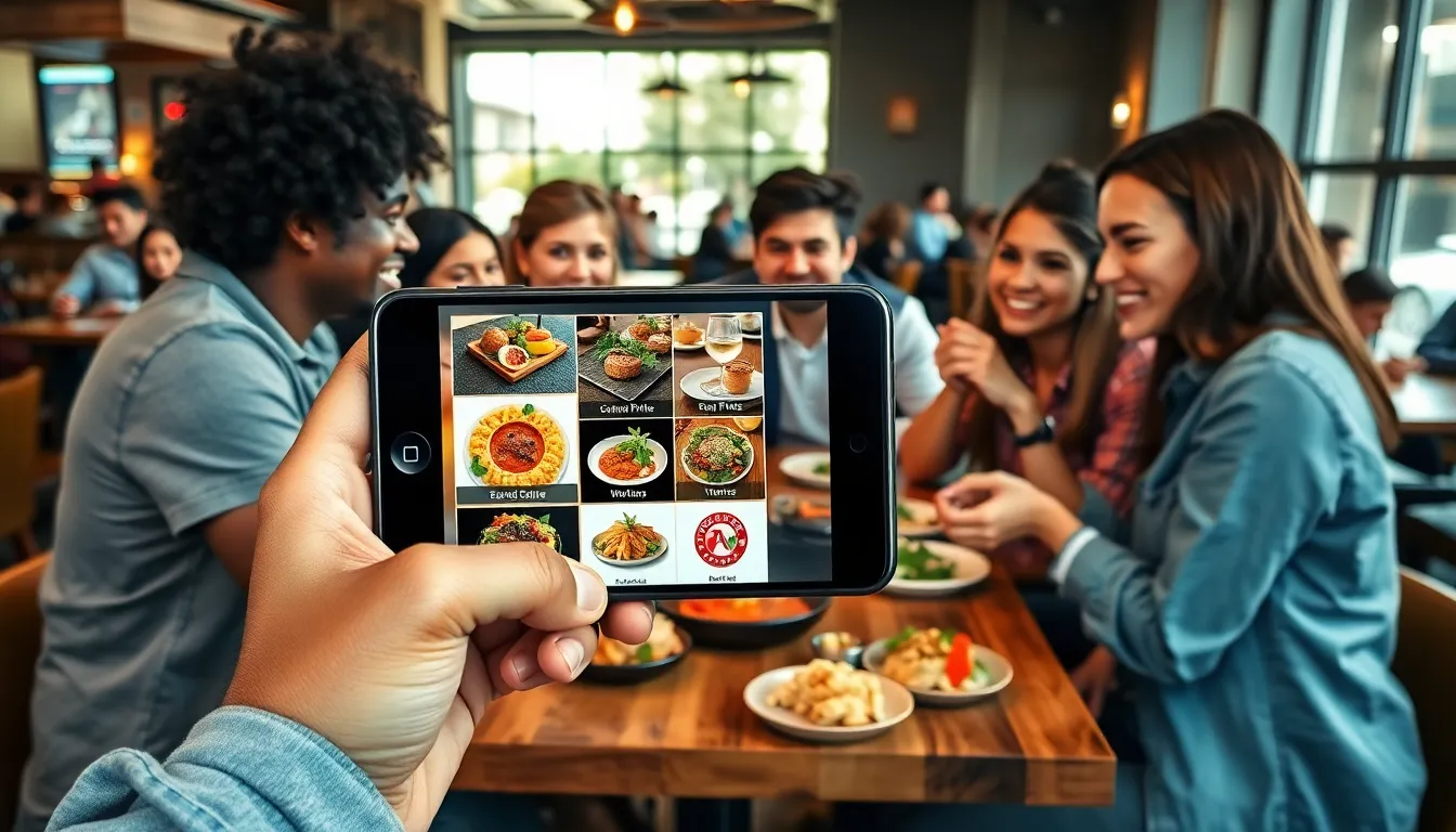 diverse group using a half price dining app in a restaurant.