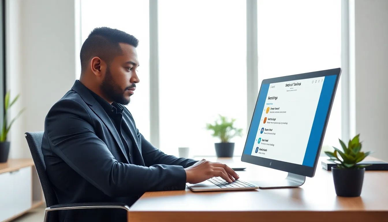 A professional managing startup apps on a MacBook in a modern office.