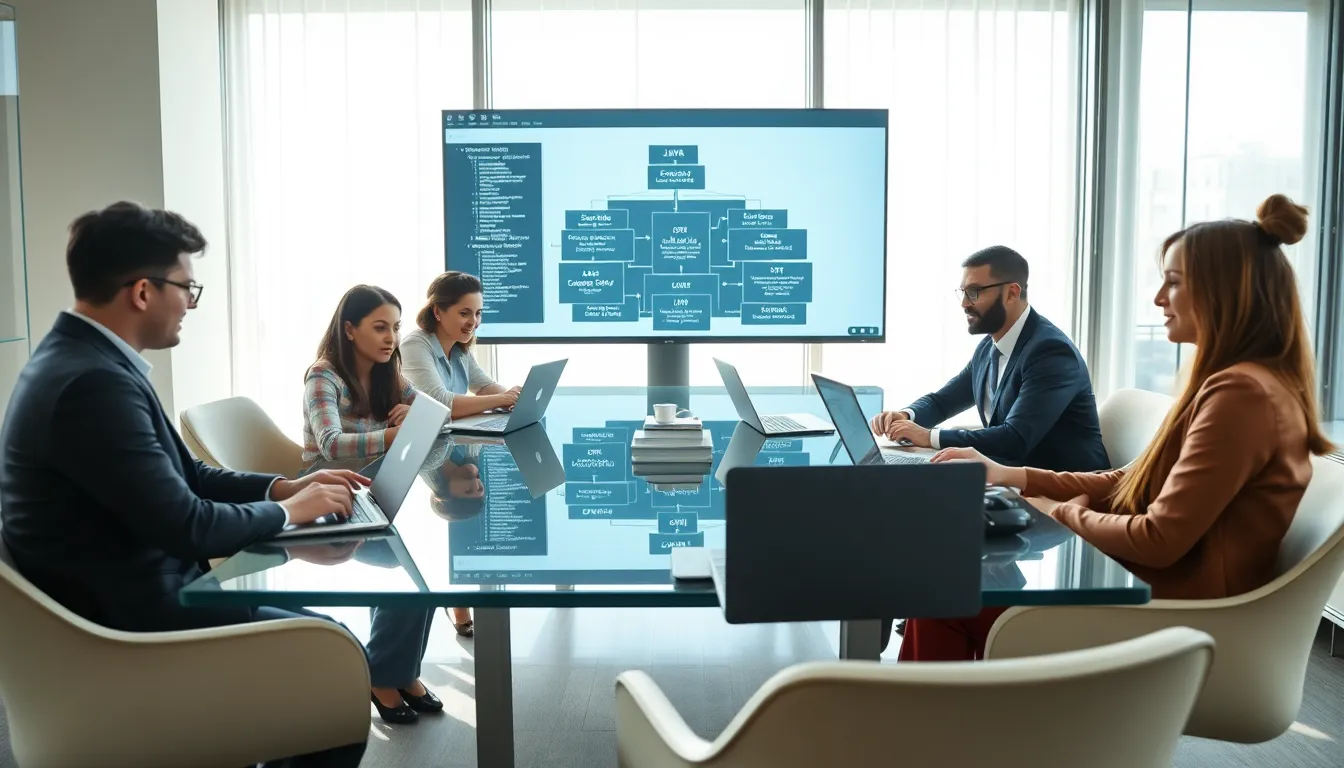 team discussing Java web development in a modern office.
