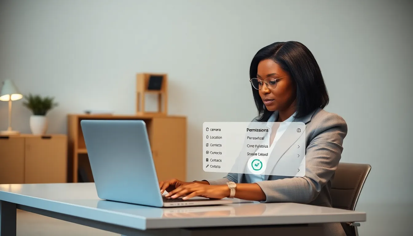 professional reviewing app permissions in a modern office.