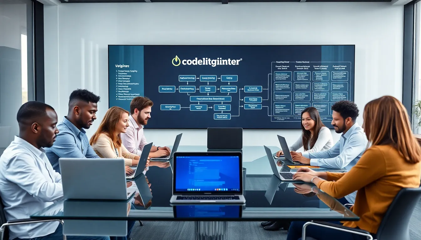 diverse team collaborating on CodeIgniter web development in a modern office.